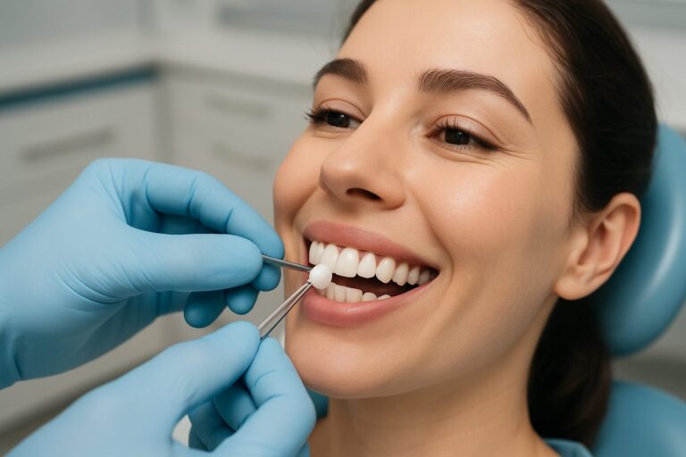Close up of a perfect set of porcelain veneers being placed on a smiling female patient's teeth by a dentist in a modern dental office. No text on image.