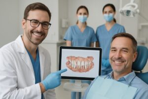 Image of a dentist smiling and pointing to a digital scan of a patient's mouth with dental implants in place. The patient is sitting in the dental chair, also smiling, with the dental team in the background. No text on the image.