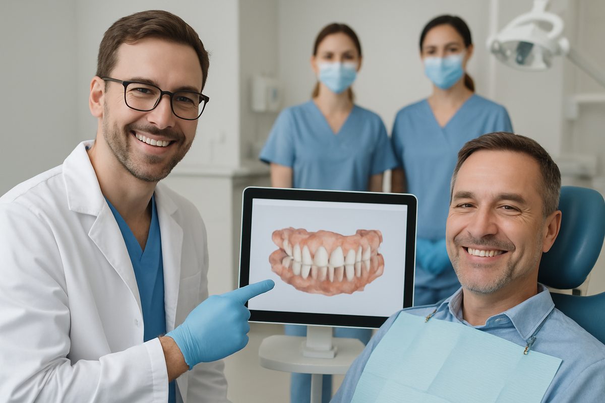 Image of a dentist smiling and pointing to a digital scan of a patient's mouth with dental implants in place. The patient is sitting in the dental chair, also smiling, with the dental team in the background. No text on the image.