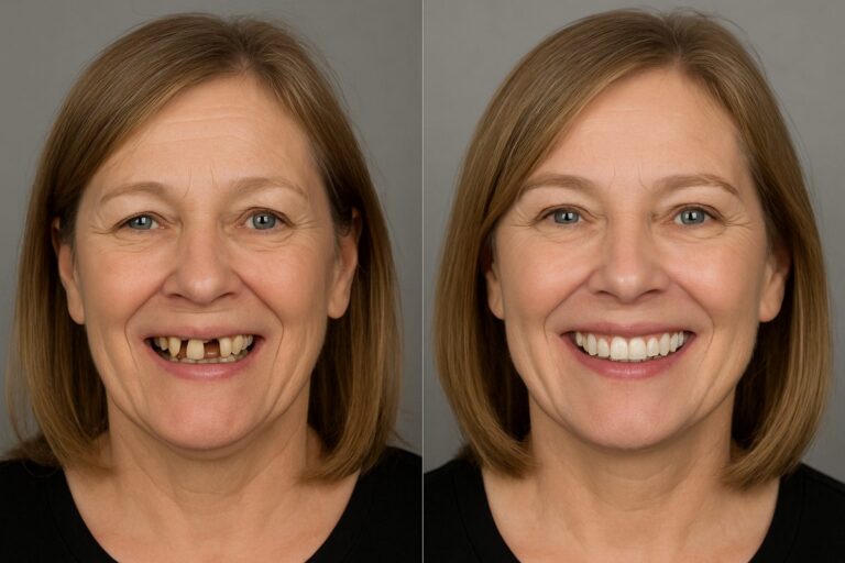 Image showcasing a before-and-after transformation of a patient's smile with full implant teeth, highlighting the natural look and improved functionality; no text on image.