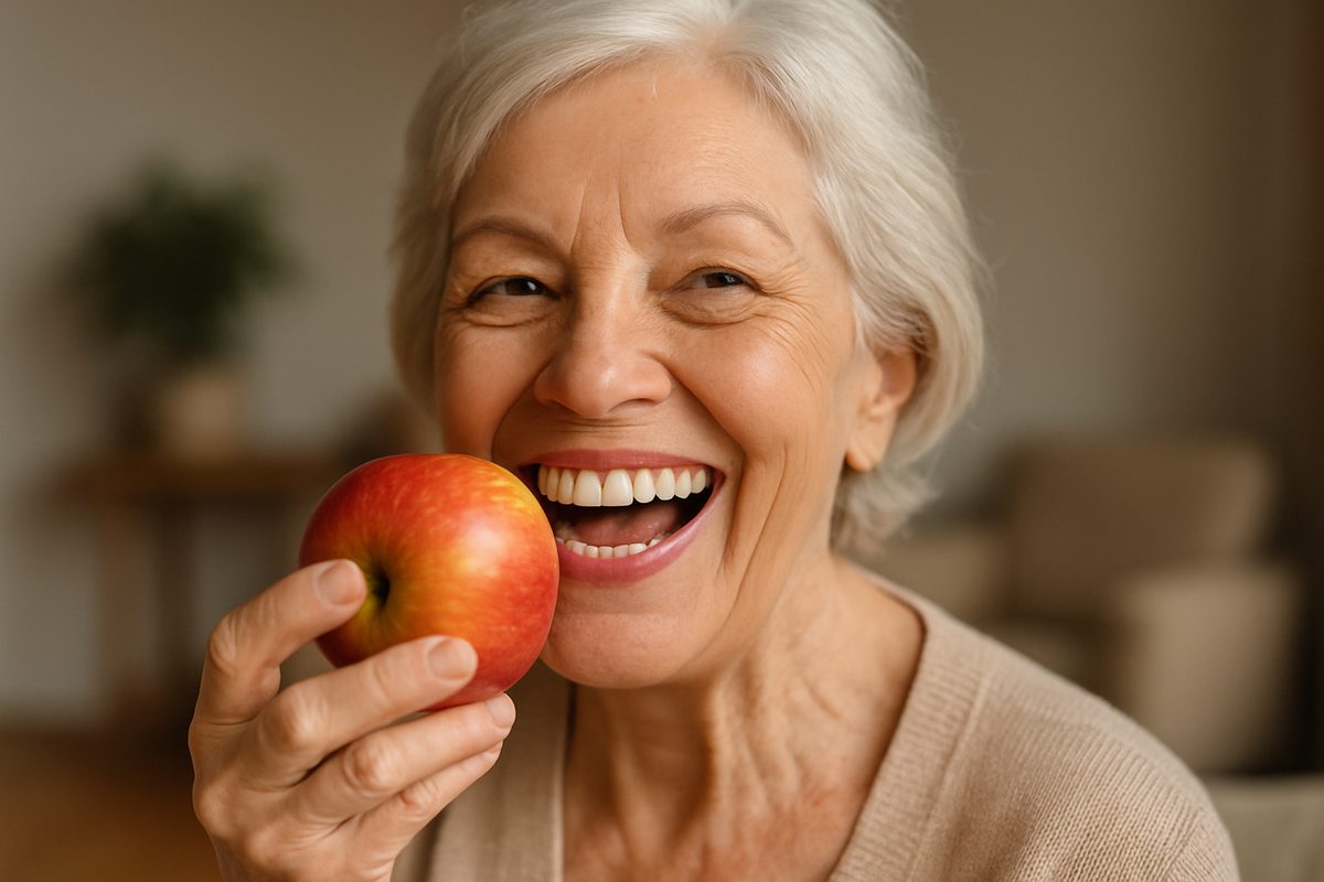 A smiling senior woman with new denture implants confidently eating an apple, showcasing the improved quality of life. No text on image.