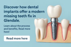 A dentist is consulting with a patient, pointing to a digital scan of their mouth highlighting a dental implant as a long-term "missing teeth fix". No text on the image.