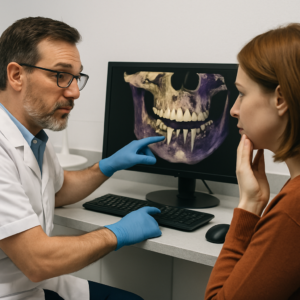 Photo of a dentist explaining potential dental implant complications to a patient while pointing at a detailed 3D scan of their jaw on a computer screen. No text on image.