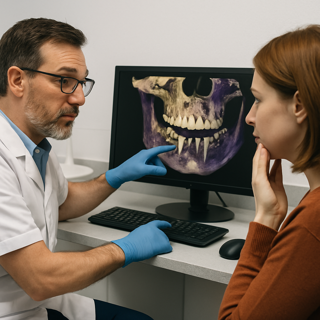 Photo of a dentist explaining potential dental implant complications to a patient while pointing at a detailed 3D scan of their jaw on a computer screen. No text on image.