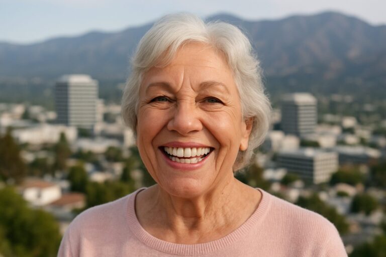 Image of a smiling senior woman in Glendale, CA, confidently displaying her new, stable denture implants. The backdrop subtly features the Glendale cityscape. No text on the image.