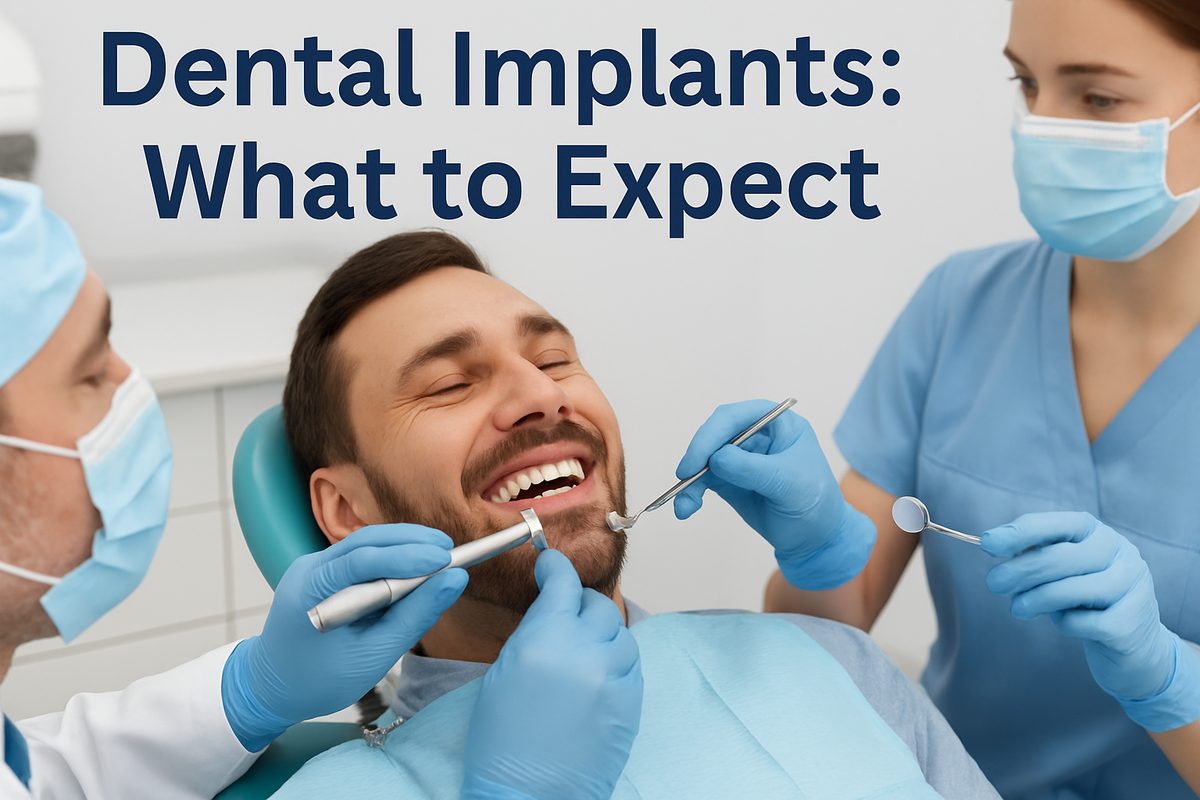 A person in a dentist chair is smiling as their new dental implant is placed by a dentist and dental assistant. The text on the image says "Dental Implants: What to Expect".
