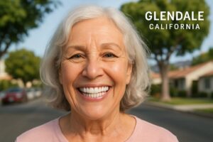 Image of a smiling senior woman in Glendale, CA, showcasing her new full mouth dental implants. No text on image.