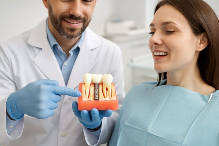 A dentist is pointing to a dental implant placed in a patient's mouth, using a model to show how dental implants for missing teeth work. No text on the image.