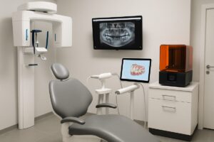A modern dental office showcasing advanced dental technology such as a digital x-ray machine, intra-oral scanner, and 3D printer, emphasizing a commitment to providing efficient and comfortable patient care.