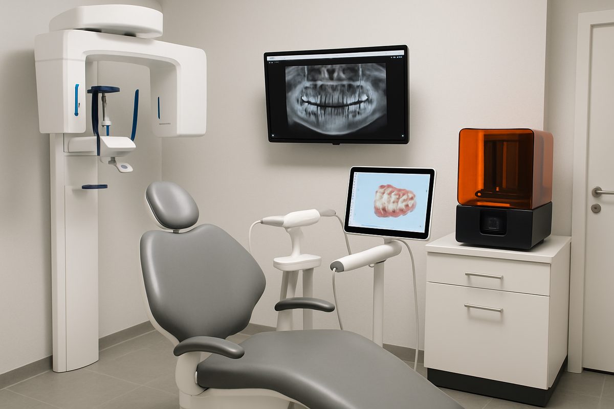 A modern dental office showcasing advanced dental technology such as a digital x-ray machine, intra-oral scanner, and 3D printer, emphasizing a commitment to providing efficient and comfortable patient care.