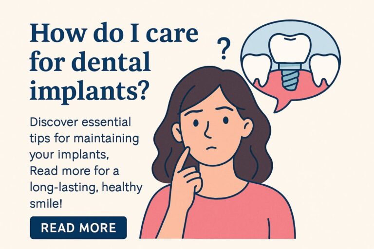 Image of a woman with dental implants smiling, brushing her teeth in the mirror. No text on image.