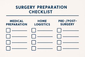 Overhead shot of a checklist-style infographic, clearly laid out with sections for medical preparation, home logistics, and pre/post-surgery expectations; clean, professional design.