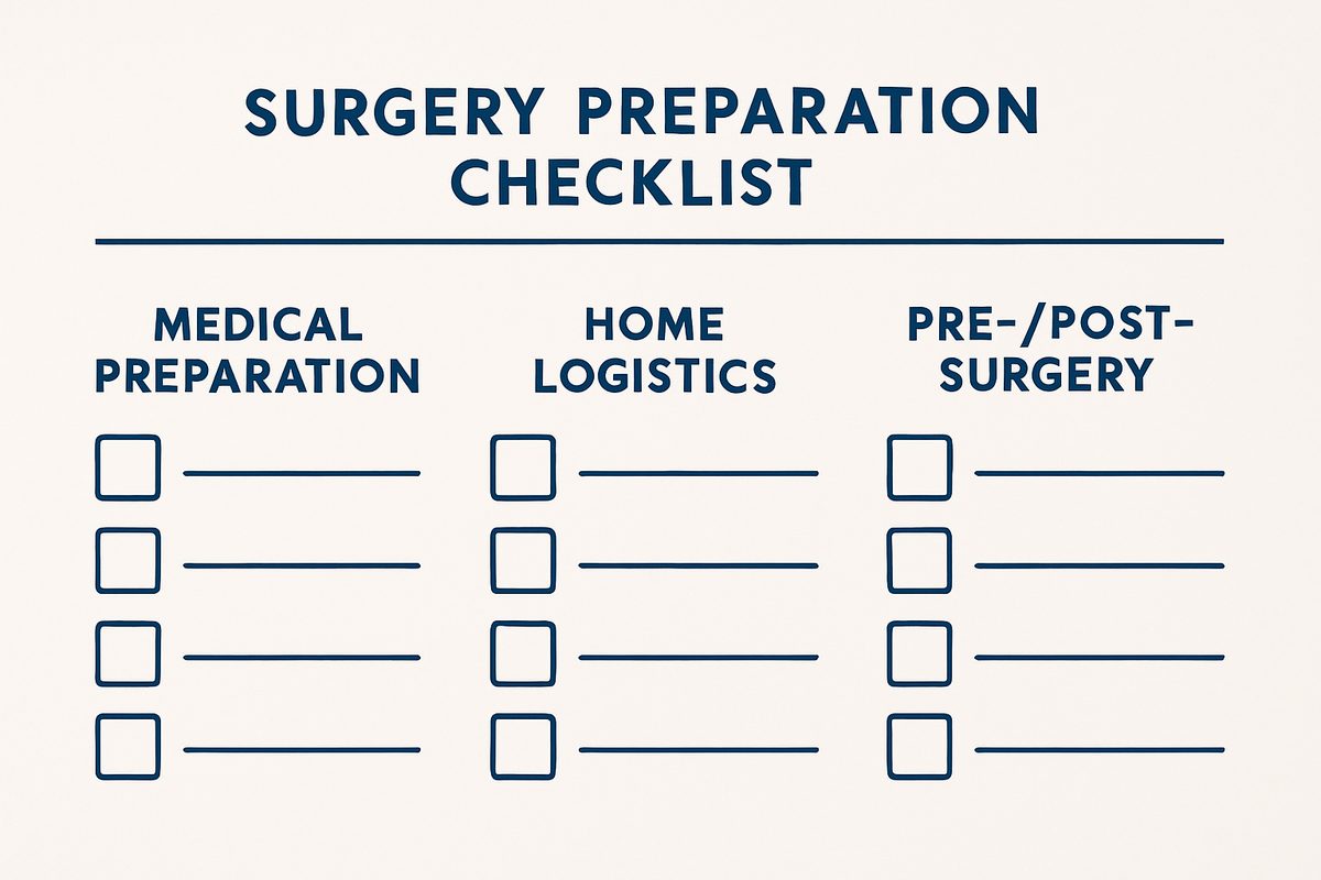 Overhead shot of a checklist-style infographic, clearly laid out with sections for medical preparation, home logistics, and pre/post-surgery expectations; clean, professional design.