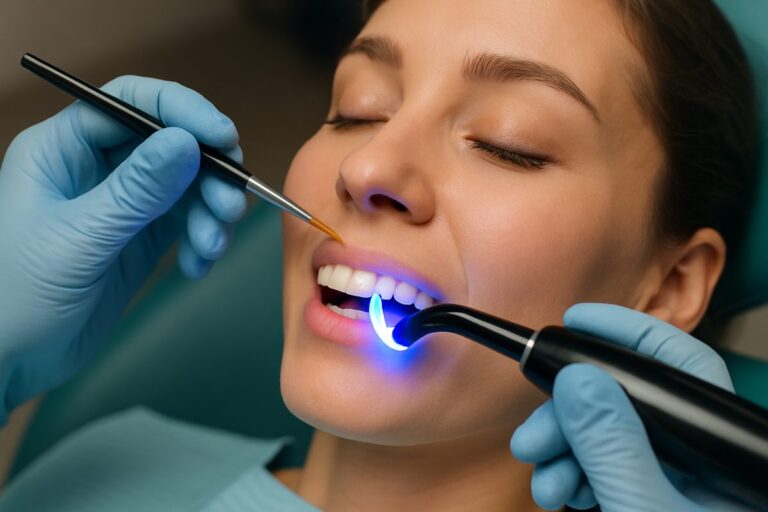 Close up image of a dentist applying a veneer composite to a patient's front tooth, using a small brush and specialized light. The patient is relaxed and comfortable in the dental chair. No text on image.