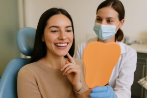 A female patient smiling after receiving porcelain veneers in Glendale, CA. The dentist is holding a mirror so the patient can see her new smile. No text on image.