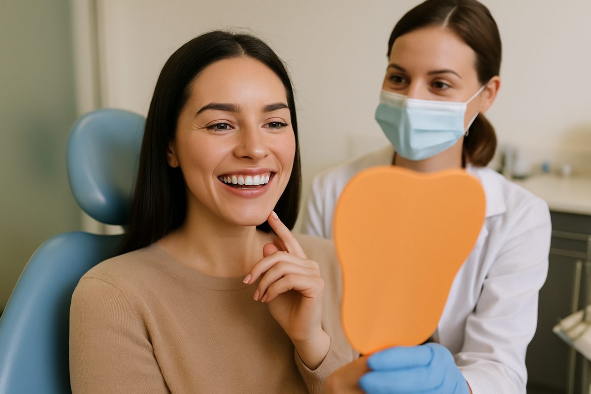 A female patient smiling after receiving porcelain veneers in Glendale, CA. The dentist is holding a mirror so the patient can see her new smile. No text on image.