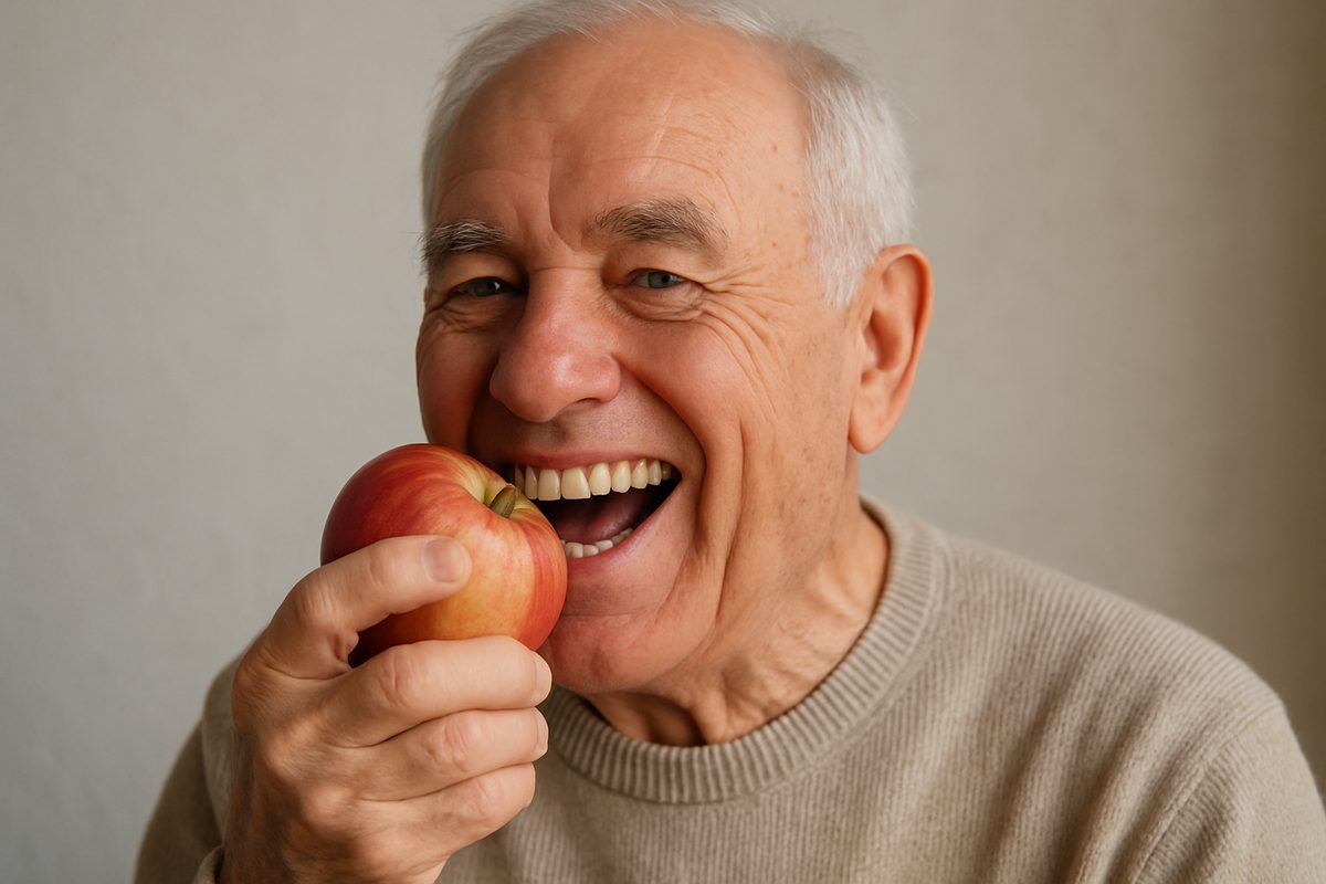 A senior man is smiling genuinely, showcasing his new, natural-looking denture implants while confidently eating an apple. No text on the image.