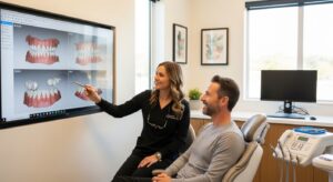 Dentist in a modern office consulting a patient about dental care