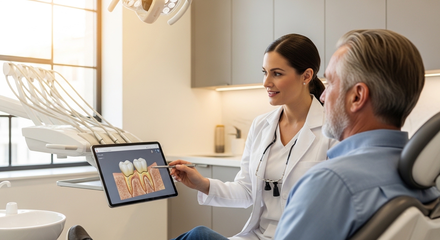 Dentist consulting patient about dental crowns in a modern clinic