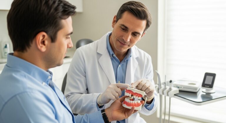 Dentist consulting with patient about front dental implants in a modern dental office