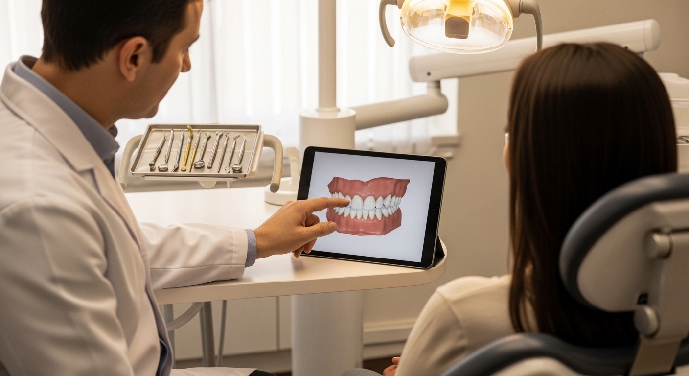 Dentist consulting with patient about signature smile options