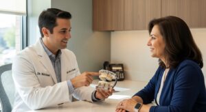 Patient consultation on All-on-4 implants in a dental office